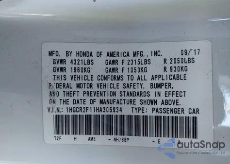 2017 Honda Accord Sport Se z USA, uszkodzony, nr VIN 1HGCR2F11HA305934